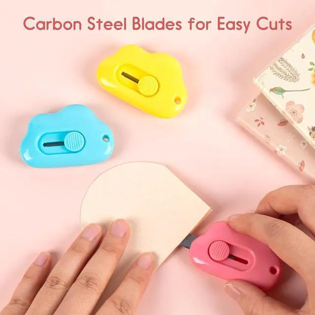 Alt view image 3 of 7 - Cloud Box Cutter Retractable, 6Pcs Mini Utility Knife Letter Opener Envelope Slitter, Small Package Opener Paper Cutters with Keychain Hole for Office Home School Stationery DIY Crafts Rainbow Color