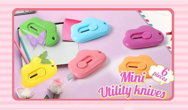 Alt view image 6 of 7 - Cloud Box Cutter Retractable, 6Pcs Mini Utility Knife Letter Opener Envelope Slitter, Small Package Opener Paper Cutters with Keychain Hole for Office Home School Stationery DIY Crafts Rainbow Color