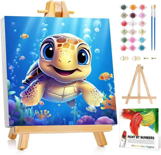 Main image of Sea Turtles Paint by Numbers Kit for Kids with Frame 8×8 inch | Sea Turtles Paint by Number for Kids Age 6-8-12, Acrylic Paint by Numbers for Gifts and Decor