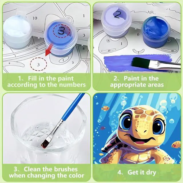 Alt view image 7 of 7 - Sea Turtles Paint by Numbers Kit for Kids with Frame 8×8 inch | Sea Turtles Paint by Number for Kids Age 6-8-12, Acrylic Paint by Numbers for Gifts and Decor