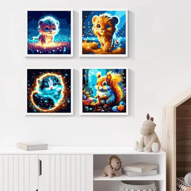 Alt view image 2 of 7 - Paint by Numbers Kit for Kids, 4 Pack Easy Kids Paint by Number Kits Age 4 5 6 7 8 9 10 12, DIY Color Canvas Painting Animal Acrylic Oil Painting Suitable for Home Decoration 8x8 Inch (Animals)