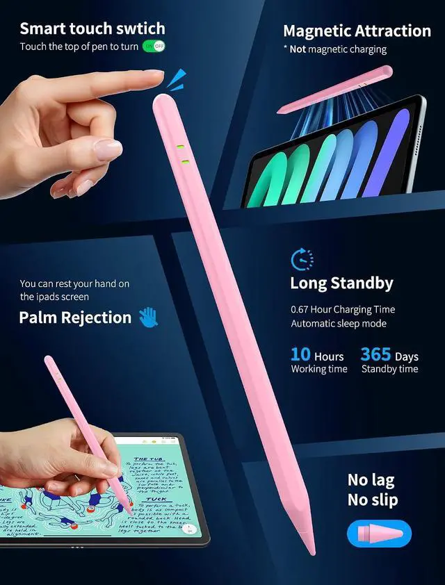 Alt view image 3 of 7 - Pencil for iPad A16/11/10/9/8/7/6th, Stylus Pen for iPad 2018-2026, Pink | Palm Rejection, Tilt Sensitivity, Compatible With Apple Pecnil iPad Pro 11/12.9/13/M4/M5, Air 3/4/5/M2/M3/M4, Mini 5/6/7