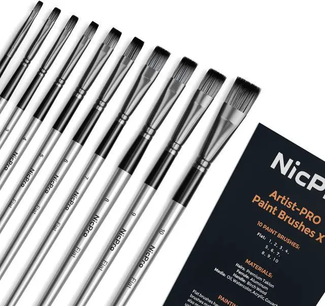 Main image of 10 PCS Flat Paint Brush Set, Art Painting Brushes for Acrylic, Watercolor, Oil, Gouache, Craft, Detail, Face Body Painting, Base Coating, Artist Paintbrush Kit for Kid & Adult