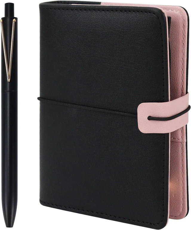 Main image of Mini A7 Budget Planner Binder, 6-Ring Refillable Notebook Cover | Aesthetic black PU leather loose leaf organizer with zipper pocket & pen. Portable folder notebook for budgeting and planning