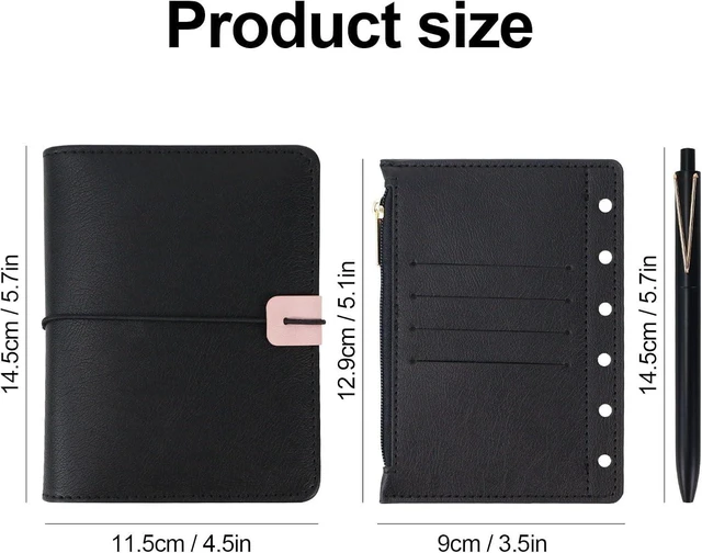 Alt view image 2 of 6 - Mini A7 Budget Planner Binder, 6-Ring Refillable Notebook Cover | Aesthetic black PU leather loose leaf organizer with zipper pocket & pen. Portable folder notebook for budgeting and planning