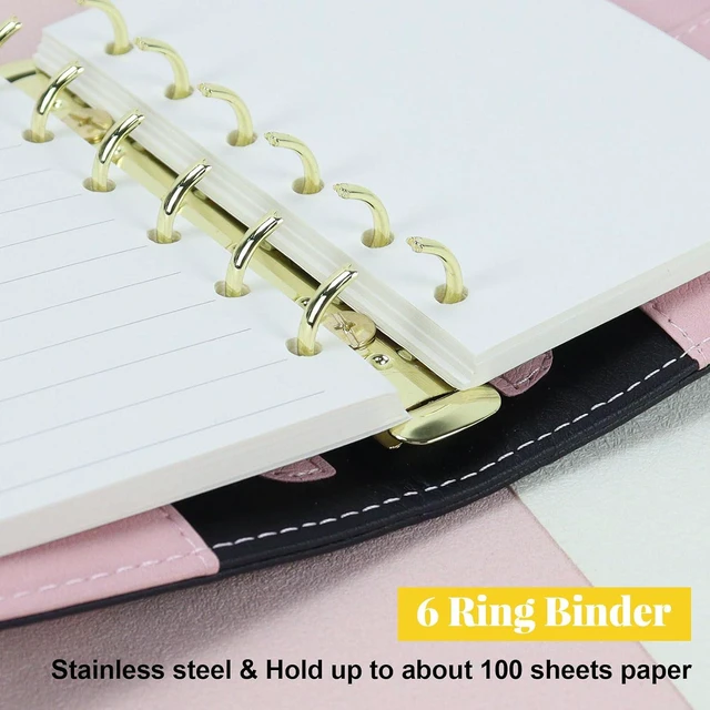 Alt view image 4 of 6 - Mini A7 Budget Planner Binder, 6-Ring Refillable Notebook Cover | Aesthetic black PU leather loose leaf organizer with zipper pocket & pen. Portable folder notebook for budgeting and planning