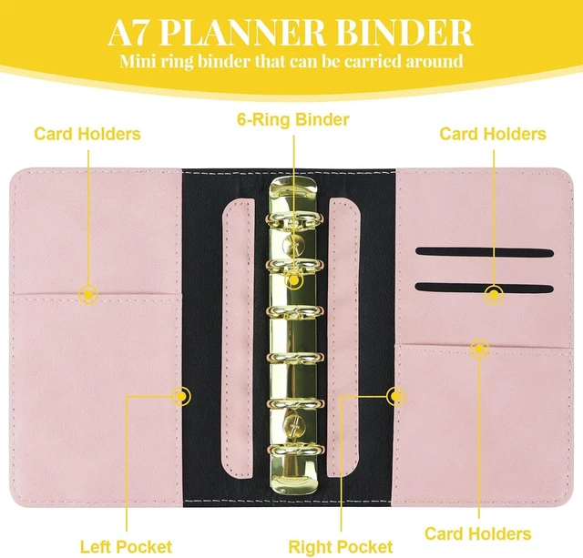 Alt view image 5 of 6 - Mini A7 Budget Planner Binder, 6-Ring Refillable Notebook Cover | Aesthetic black PU leather loose leaf organizer with zipper pocket & pen. Portable folder notebook for budgeting and planning