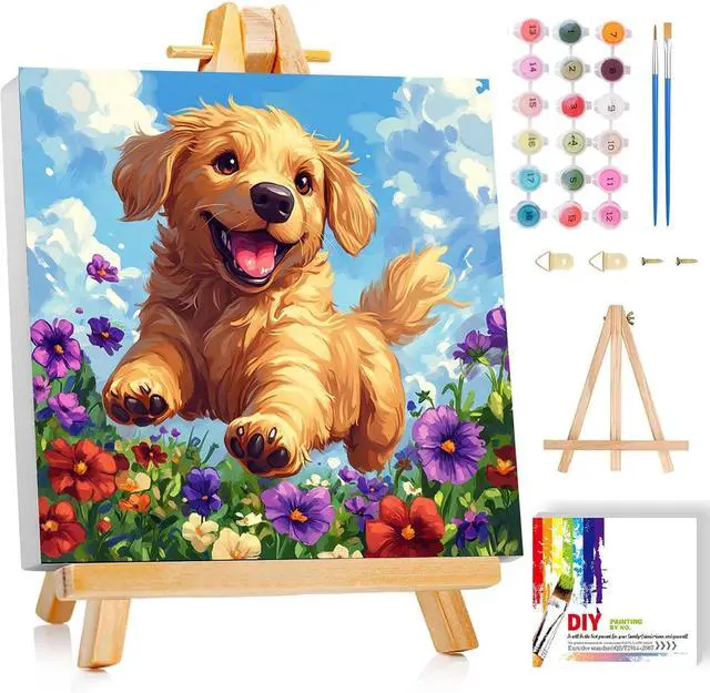 Main image of Dog Paint by Numbers Kit for Kids with Frame - Cute Dog Paint by Number for Kids, Kid Painting by Number Kits Age 8-12 for Home Wall Decor 8X8inch (with Wooden Easel)