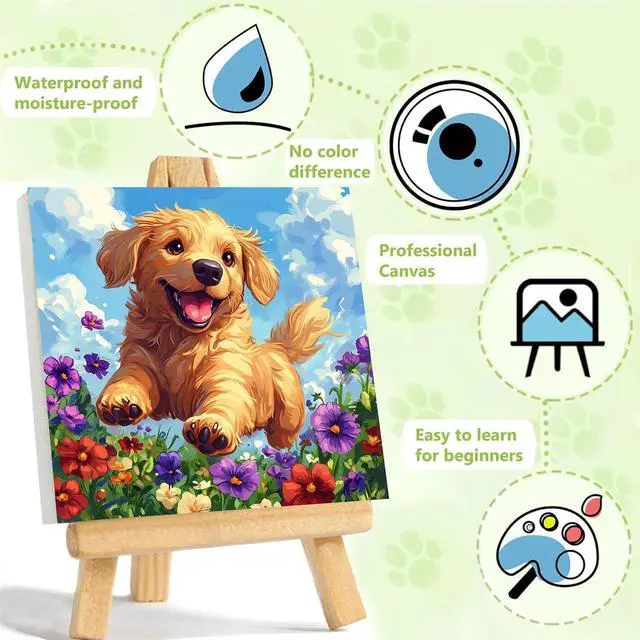 Alt view image 3 of 7 - Dog Paint by Numbers Kit for Kids with Frame - Cute Dog Paint by Number for Kids, Kid Painting by Number Kits Age 8-12 for Home Wall Decor 8X8inch (with Wooden Easel)