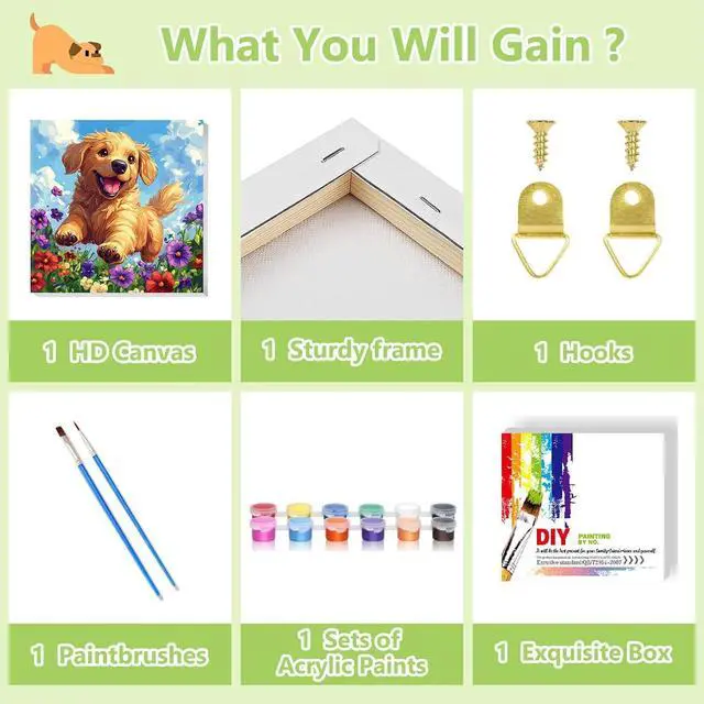 Alt view image 4 of 7 - Dog Paint by Numbers Kit for Kids with Frame - Cute Dog Paint by Number for Kids, Kid Painting by Number Kits Age 8-12 for Home Wall Decor 8X8inch (with Wooden Easel)