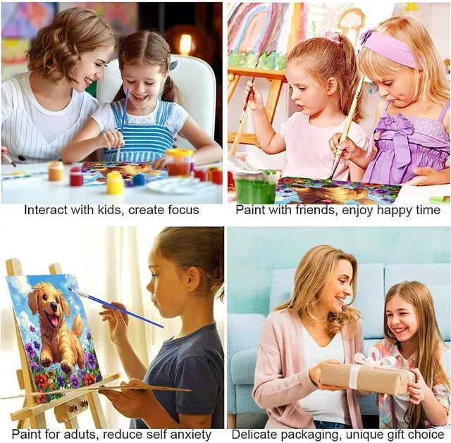 Alt view image 7 of 7 - Dog Paint by Numbers Kit for Kids with Frame - Cute Dog Paint by Number for Kids, Kid Painting by Number Kits Age 8-12 for Home Wall Decor 8X8inch (with Wooden Easel)