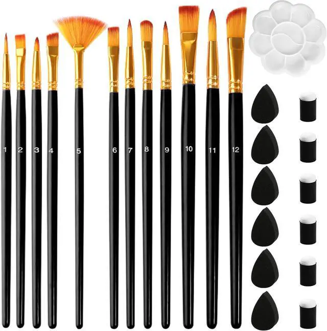 Main image of Premium Paint Brushes Set 12 Pcs with Sponges, Anti-Shedding Artist Paintbrush for Acrylic Oil Watercolor, Precision Miniature Detailing Face Paint and Rock Painting for Kids Adults (Black)