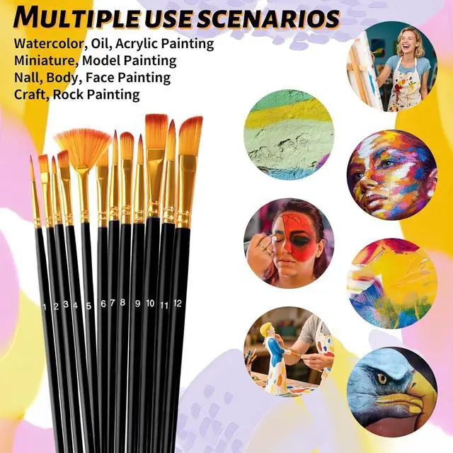 Alt view image 4 of 6 - Premium Paint Brushes Set 12 Pcs with Sponges, Anti-Shedding Artist Paintbrush for Acrylic Oil Watercolor, Precision Miniature Detailing Face Paint and Rock Painting for Kids Adults (Black)