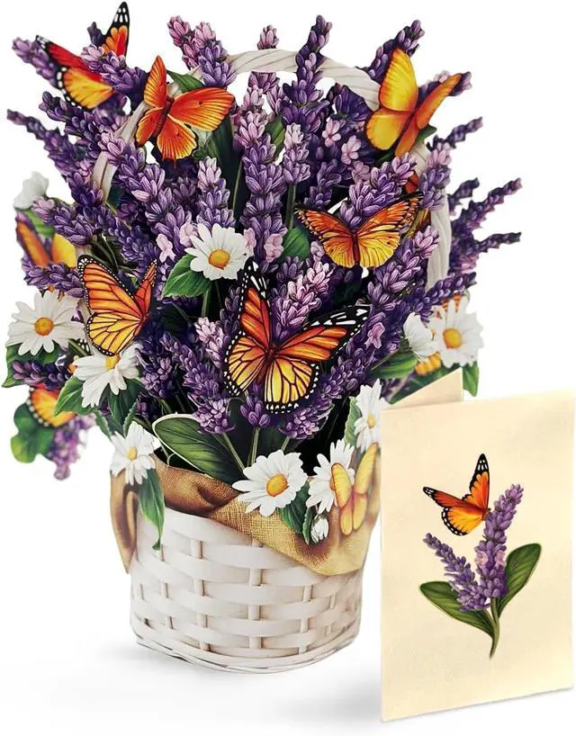 Main image of Pop Up Cards, Mini Lavender & Butterflies, 5.5 Inch Life Sized Forever Flower Bouquet 3D Popup Greeting Card, Birthday Cards, Thank You Card, Blank Notecard & Envelope