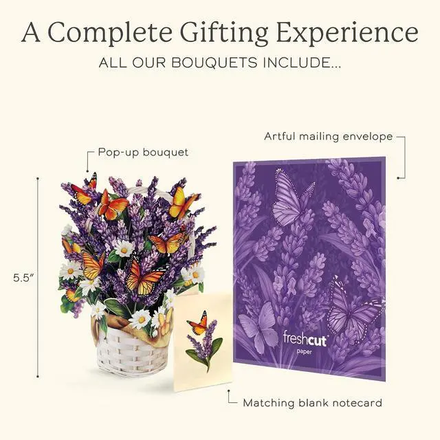 Alt view image 4 of 7 - Pop Up Cards, Mini Lavender & Butterflies, 5.5 Inch Life Sized Forever Flower Bouquet 3D Popup Greeting Card, Birthday Cards, Thank You Card, Blank Notecard & Envelope