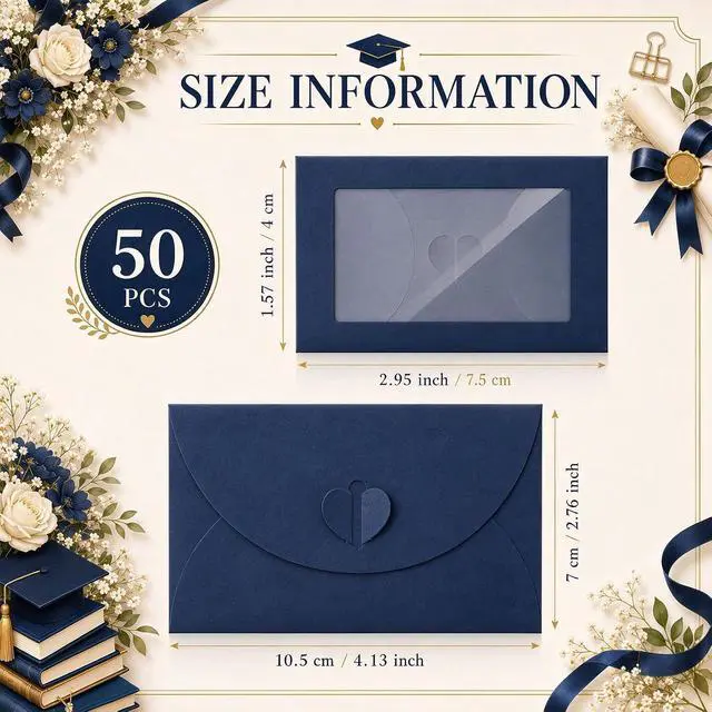 Alt view image 2 of 7 - 50 Pcs Gift Card Envelopes with Clear Window 4 x 2.8 Inch Blank Mini Envelopes with Heart Shaped Clasp Gift Card Sleeves for Valentine Cards Party Greeting Invitation (Navy Blue)