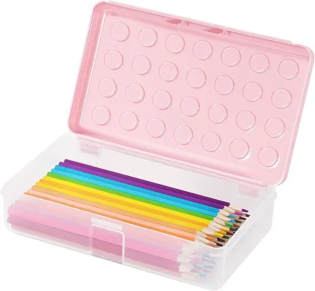 Main image of Plastic Pencil Box, Large Pencil Case, Clear Pencil Boxes | with Snap-tight Lid, Hard Crayon Box Storage Marker Organizer Containers for Boys Girls Adults School Office Supplies (Pink)