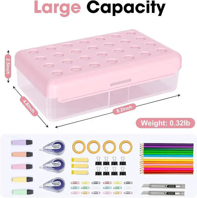 Alt view image 2 of 7 - Plastic Pencil Box, Large Pencil Case, Clear Pencil Boxes | with Snap-tight Lid, Hard Crayon Box Storage Marker Organizer Containers for Boys Girls Adults School Office Supplies (Pink)