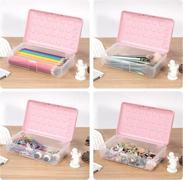 Alt view image 3 of 7 - Plastic Pencil Box, Large Pencil Case, Clear Pencil Boxes | with Snap-tight Lid, Hard Crayon Box Storage Marker Organizer Containers for Boys Girls Adults School Office Supplies (Pink)