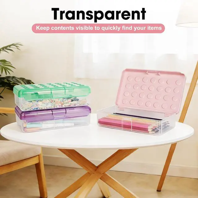 Alt view image 6 of 7 - Plastic Pencil Box, Large Pencil Case, Clear Pencil Boxes | with Snap-tight Lid, Hard Crayon Box Storage Marker Organizer Containers for Boys Girls Adults School Office Supplies (Pink)