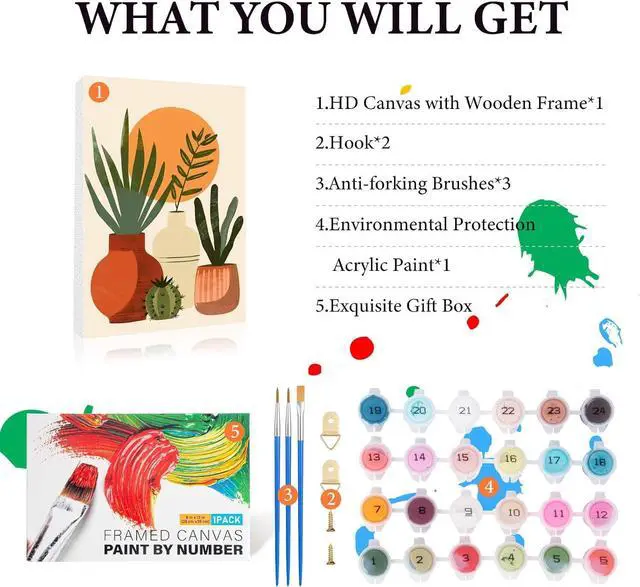 Alt view image 4 of 7 - Easy Plant Framed Paint by Numbers Kit for Adults Beginner 8x12 Inch | For Adults & Kids Ages 8-12, DIY Acrylic Painting, Simple Paint by Numbers with frame, Stress Relief Home Wall Decor Gifts