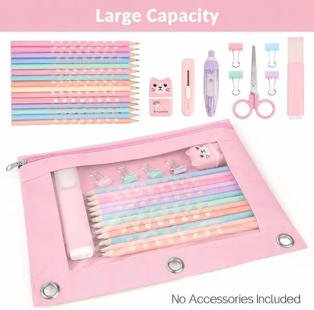 Alt view image 3 of 7 - Pencil Pouch for 3 Ring Binder, 2 Pack Binder Pencil Pouch with Clear Window Pencil Bags with Zipper & Reinforced Grommets, Pencil Case for Binder Pink&Purple