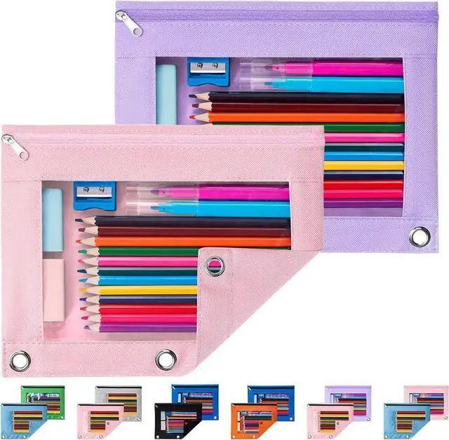 Main image of Pencil Pouch for 3 Ring Binder, 2 Pack Binder Pencil Pouch with Clear Window Pencil Bags with Zipper & Reinforced Grommets, Pencil Case for Binder Pink&Purple