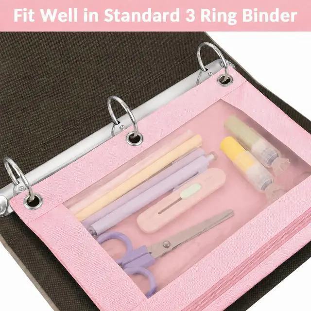 Alt view image 2 of 7 - Pencil Pouch for 3 Ring Binder, 2 Pack Binder Pencil Pouch with Clear Window Pencil Bags with Zipper & Reinforced Grommets, Pencil Case for Binder Pink&Purple