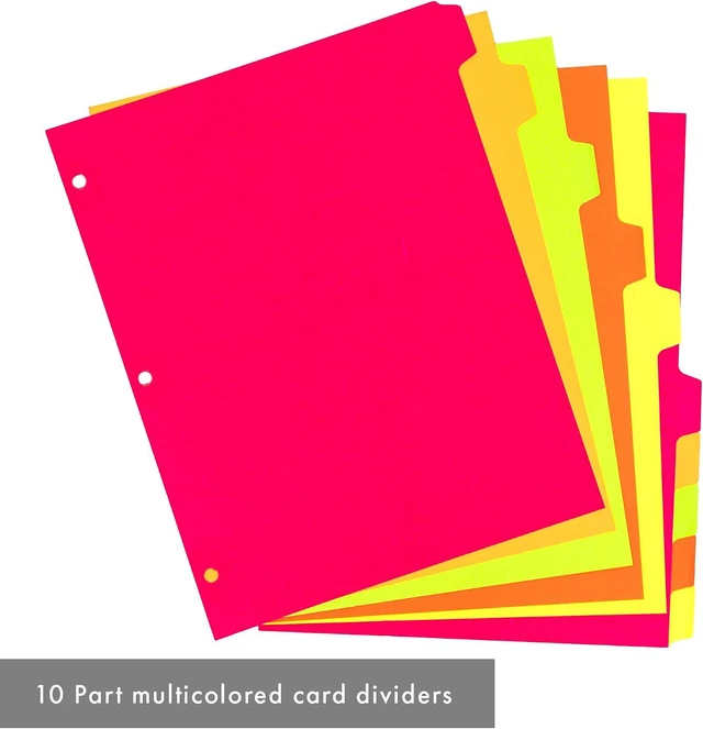 Alt view image 6 of 7 - 10 Part Dividers 1 Pack of 10 Tabbed Set for 3-Ring Binder, Page Separators for Home, Office, School Organization 8.5 x 11 Inches Neon Colors