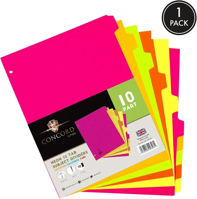 Alt view image 2 of 7 - 10 Part Dividers 1 Pack of 10 Tabbed Set for 3-Ring Binder, Page Separators for Home, Office, School Organization 8.5 x 11 Inches Neon Colors