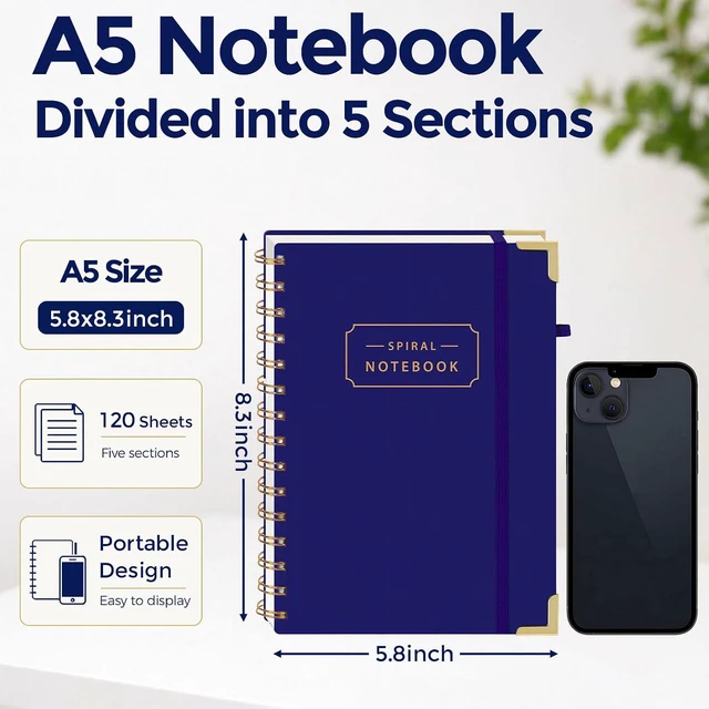 Alt view image 2 of 7 - Spiral Notebook Hardcover Spiral Journal, 5.8x8.3 Inch, Wide Ruled | Blue, Lined 5 Subject Notebook with Dividers, for Writing, Work, Note taking and Office School, Back to School Supplies