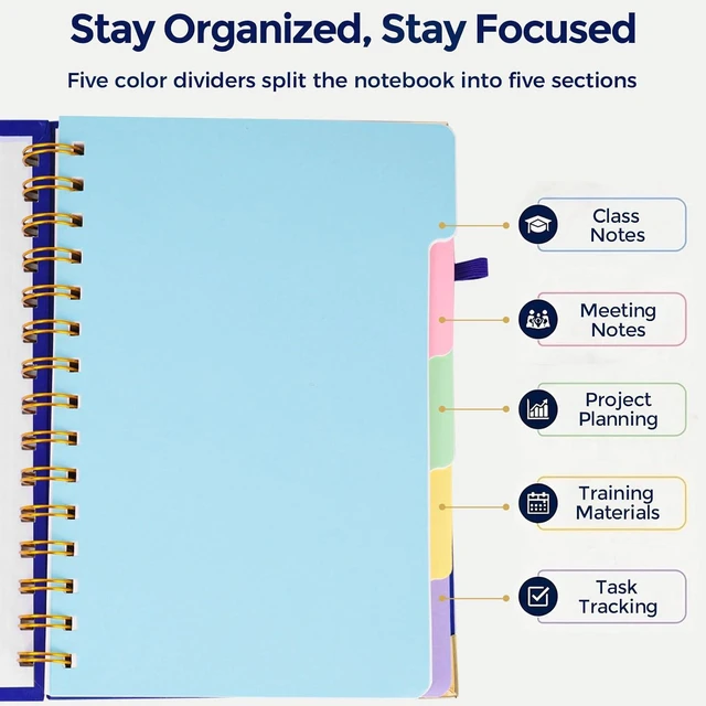 Alt view image 3 of 7 - Spiral Notebook Hardcover Spiral Journal, 5.8x8.3 Inch, Wide Ruled | Blue, Lined 5 Subject Notebook with Dividers, for Writing, Work, Note taking and Office School, Back to School Supplies