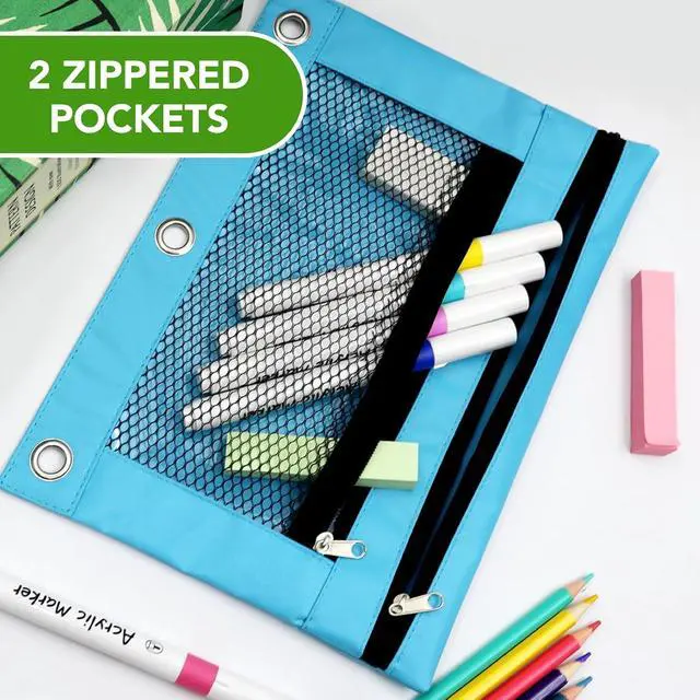 Alt view image 6 of 7 - Pencil Pouch for 3 Ring Binder, Heavy Duty Canvas Dual Zipper Pen Bag with Clear Window, Smooth Metal Zipper, Fit Standard 3-Ring Binders for School Office Travel Supplies (Sky Blue)