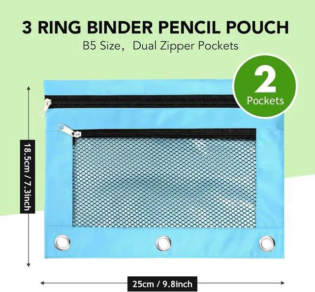 Alt view image 2 of 7 - Pencil Pouch for 3 Ring Binder, Heavy Duty Canvas Dual Zipper Pen Bag with Clear Window, Smooth Metal Zipper, Fit Standard 3-Ring Binders for School Office Travel Supplies (Sky Blue)