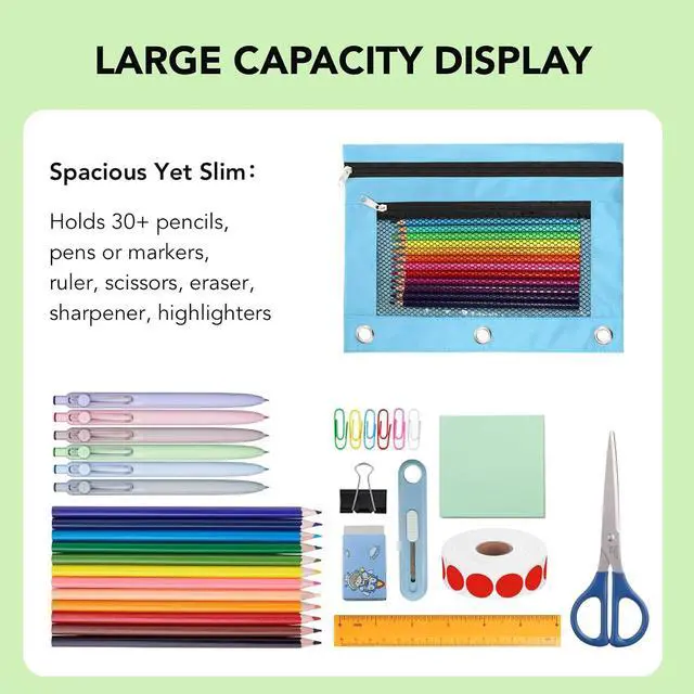Alt view image 3 of 7 - Pencil Pouch for 3 Ring Binder, Heavy Duty Canvas Dual Zipper Pen Bag with Clear Window, Smooth Metal Zipper, Fit Standard 3-Ring Binders for School Office Travel Supplies (Sky Blue)