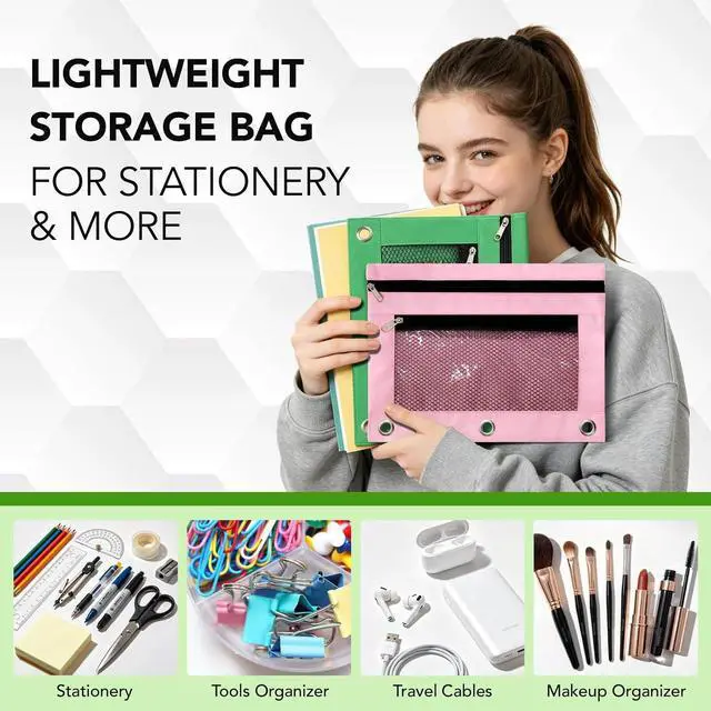 Alt view image 7 of 7 - Pencil Pouch for 3 Ring Binder, Heavy Duty Canvas Dual Zipper Pen Bag with Clear Window, Smooth Metal Zipper, Fit Standard 3-Ring Binders for School Office Travel Supplies (Black)