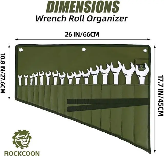 Alt view image 4 of 7 - Wrench Roll Organizer 16 Pockets, Wrench Pouch Roll Up | Water Proof Oxford Cloth, Tool Roll Bag for Wrenches Organization, Green