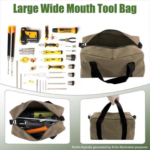 Alt view image 2 of 7 - Small Tool Bag, Close Top Wide Mouth Tool Organizer Bag, Large Tool Bags | for Men,Canvas Tool Storage Bag for Storage Handbag for Screwdrivers,Wrench,Pliers Hand Tools (Khaki, 12 Inch)