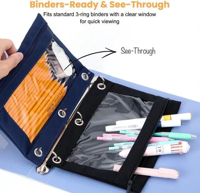 Alt view image 3 of 7 - 3 Ring Binder Pencil Pouch, Durable Pencil Case for School Supplies, Classroom Must Haves, 3-Hole Design Fits Binders, Zipper Closure, Ideal for Students/Back to School Light Blue