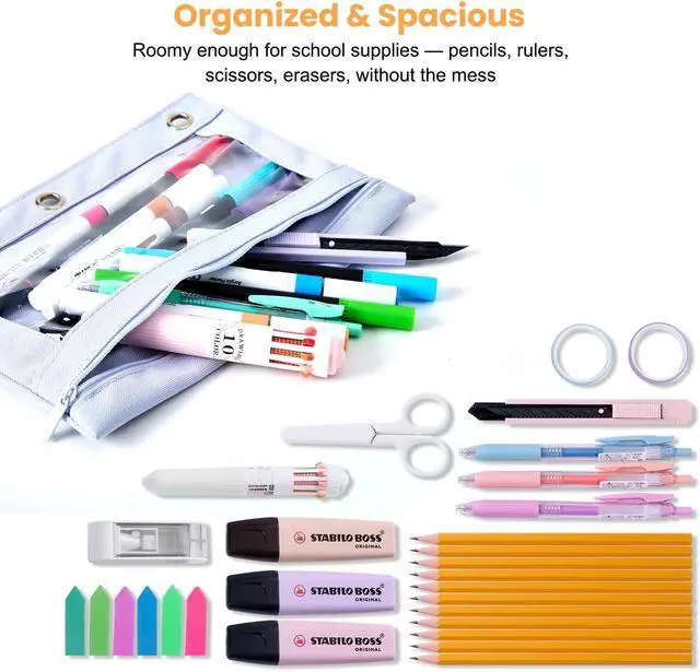 Alt view image 2 of 7 - 3 Ring Binder Pencil Pouch, Durable Pencil Case for School Supplies, Classroom Must Haves, 3-Hole Design Fits Binders, Zipper Closure, Ideal for Students/Back to School Light Blue