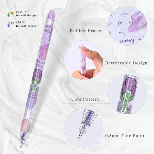 Alt view image 3 of 7 - 12Pcs Cute Erasable Gel Pens, Blue Ink 0.5mm Fine Point (Purple) | Make Mistakes Disappear, Smooth Writing Pen for Planner Puzzles, No Smudge for School Office Supplies