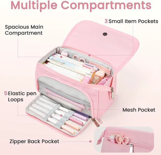 Alt view image 4 of 7 - Super Large Pencil Case, Big Capacity Pencil Bag with 3 Compartments | Hold 200 pencils, Cute Pencil Pouch with Zipper, Portable Stationery Pen Bag, Aesthetic School Supplies For Girls, Pink