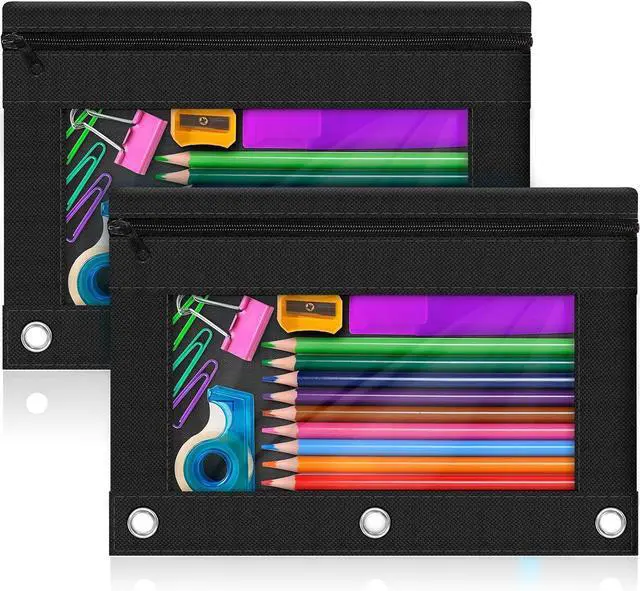 Main image of 3-Ring Pencil Pouch, 2 Pack Black Bulk Pencil Case, Pencil Bags with Zipper for Office Supplies Cosmetics, with Zipper & Reinforced Grommets Fabric Large Pencil Case for 3 Hole Binder