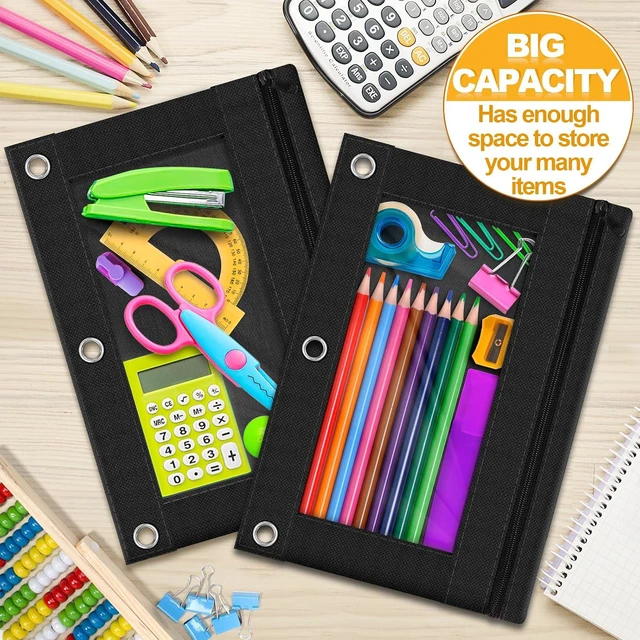 Alt view image 3 of 7 - 3-Ring Pencil Pouch, 2 Pack Black Bulk Pencil Case, Pencil Bags with Zipper for Office Supplies Cosmetics, with Zipper & Reinforced Grommets Fabric Large Pencil Case for 3 Hole Binder