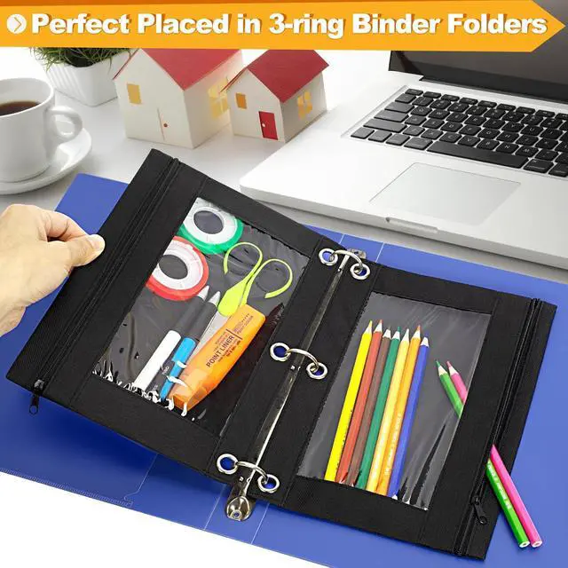 Alt view image 4 of 7 - 3-Ring Pencil Pouch, 2 Pack Black Bulk Pencil Case, Pencil Bags with Zipper for Office Supplies Cosmetics, with Zipper & Reinforced Grommets Fabric Large Pencil Case for 3 Hole Binder