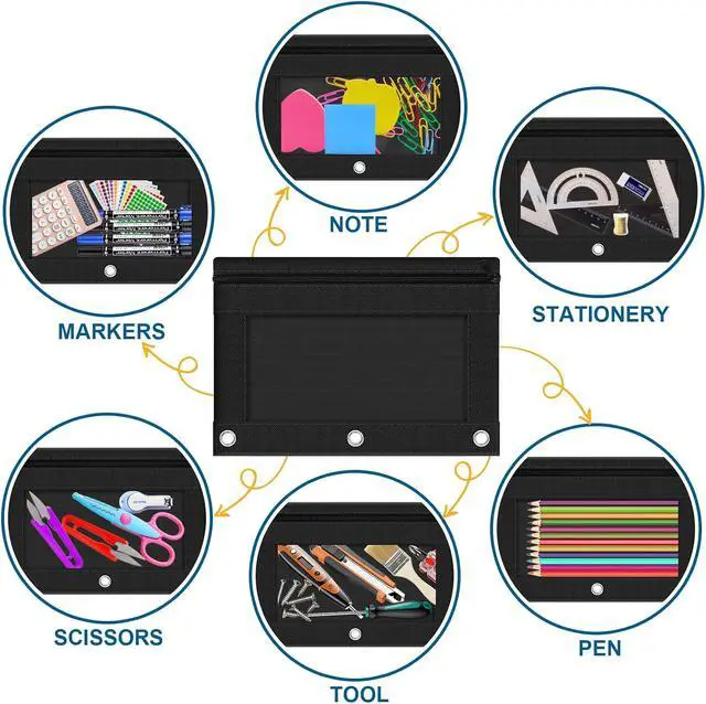 Alt view image 7 of 7 - 3-Ring Pencil Pouch, 2 Pack Black Bulk Pencil Case, Pencil Bags with Zipper for Office Supplies Cosmetics, with Zipper & Reinforced Grommets Fabric Large Pencil Case for 3 Hole Binder