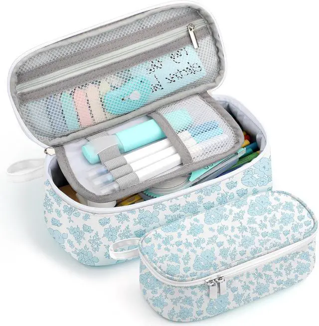 Main image of Large Capacity Pencil Case Portable Pencil Pouch Bag School Supplies for College Students Adults(Blue Flowers)