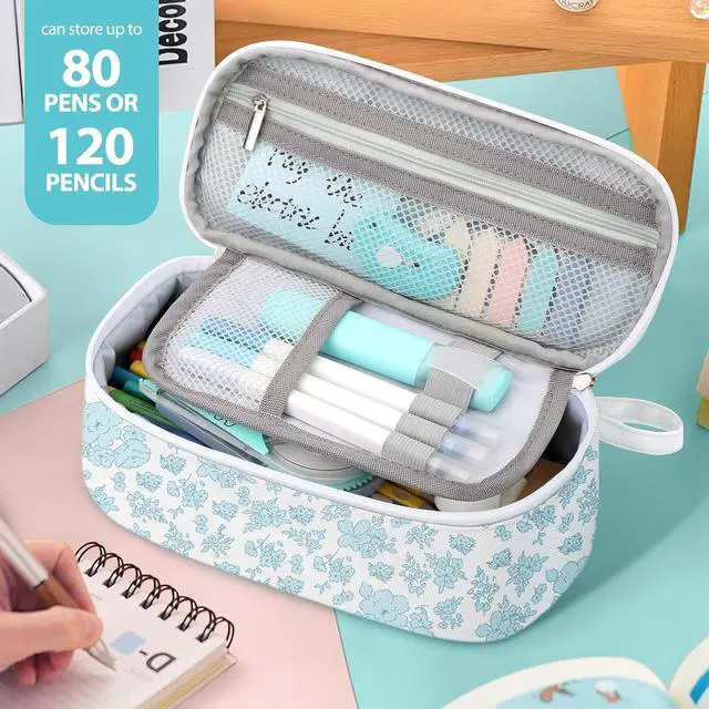Alt view image 4 of 6 - Large Capacity Pencil Case Portable Pencil Pouch Bag School Supplies for College Students Adults(Blue Flowers)