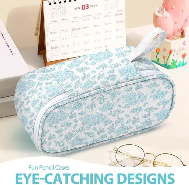 Alt view image 5 of 6 - Large Capacity Pencil Case Portable Pencil Pouch Bag School Supplies for College Students Adults(Blue Flowers)