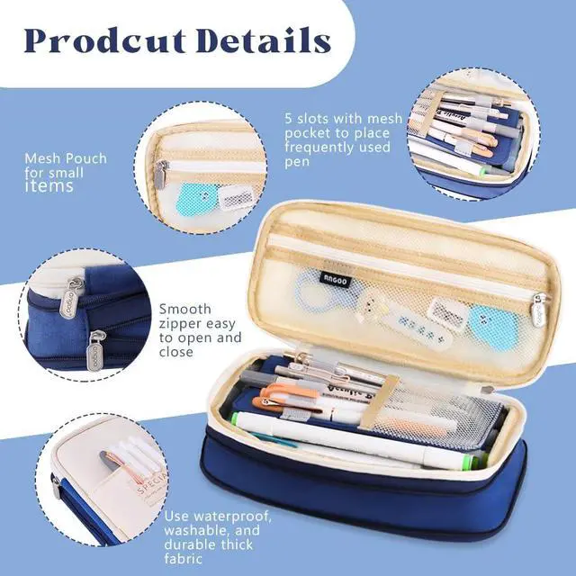 Alt view image 3 of 7 - Foldable Pencil Case Zipper Big Capacity Aesthetic Canvas Pencil Pouch Compartments Stationery Organizers Pen Bag for Kids Girls Boys Teen Child Student School Supplies Makeup Bags